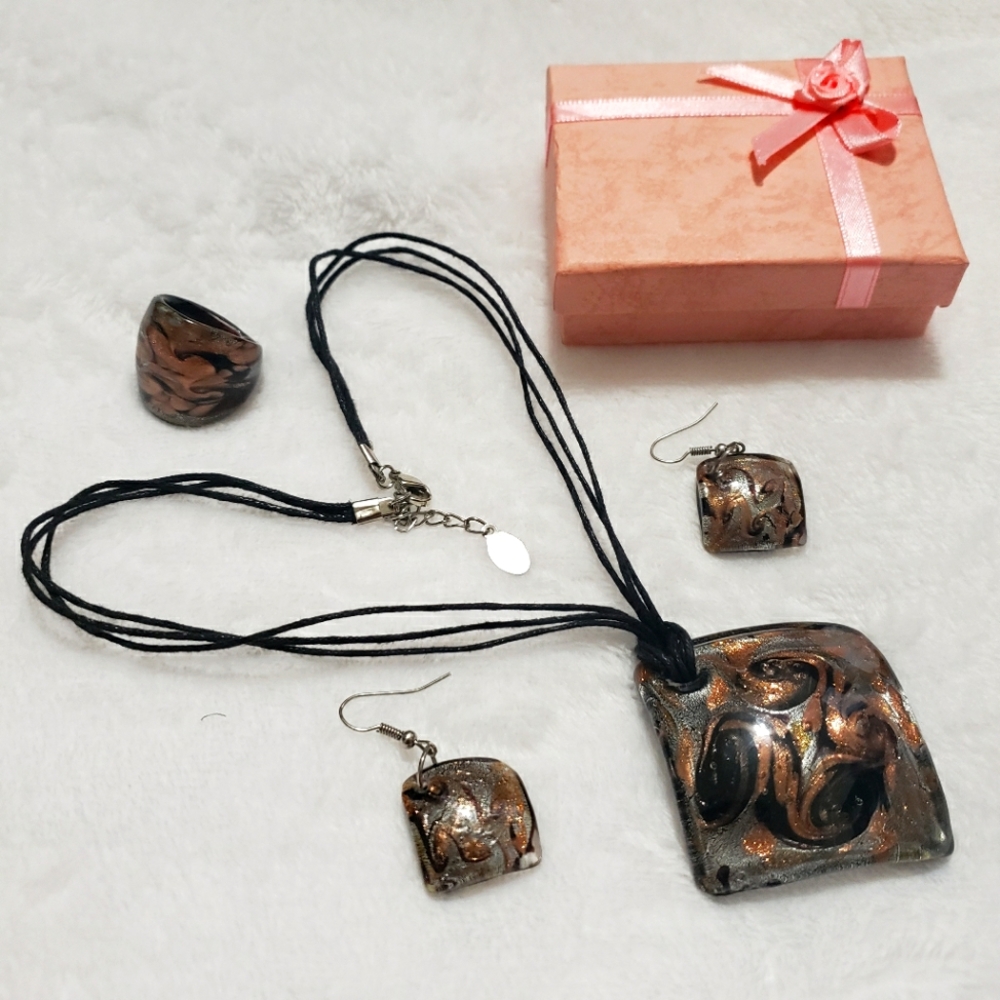 Glass Pedant Necklace, Earrings, Ring Set